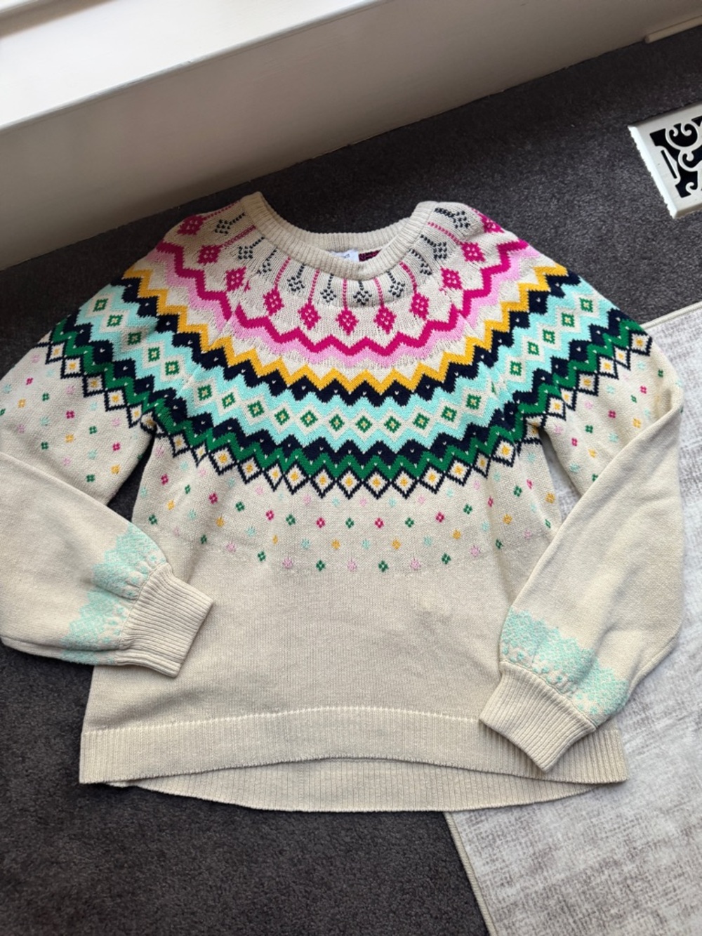 crown & ivy Cream Crewneck Sweater with Pink, Yellow, Green and Navy Yoke